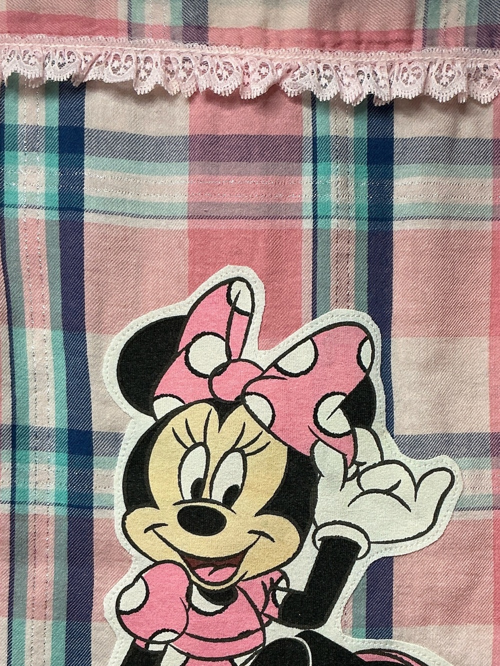 DISNEY Minnie Mouse Pink Plaid Upcycled Flannel Graphic Shirt Disneyland - Picture 6 of 9